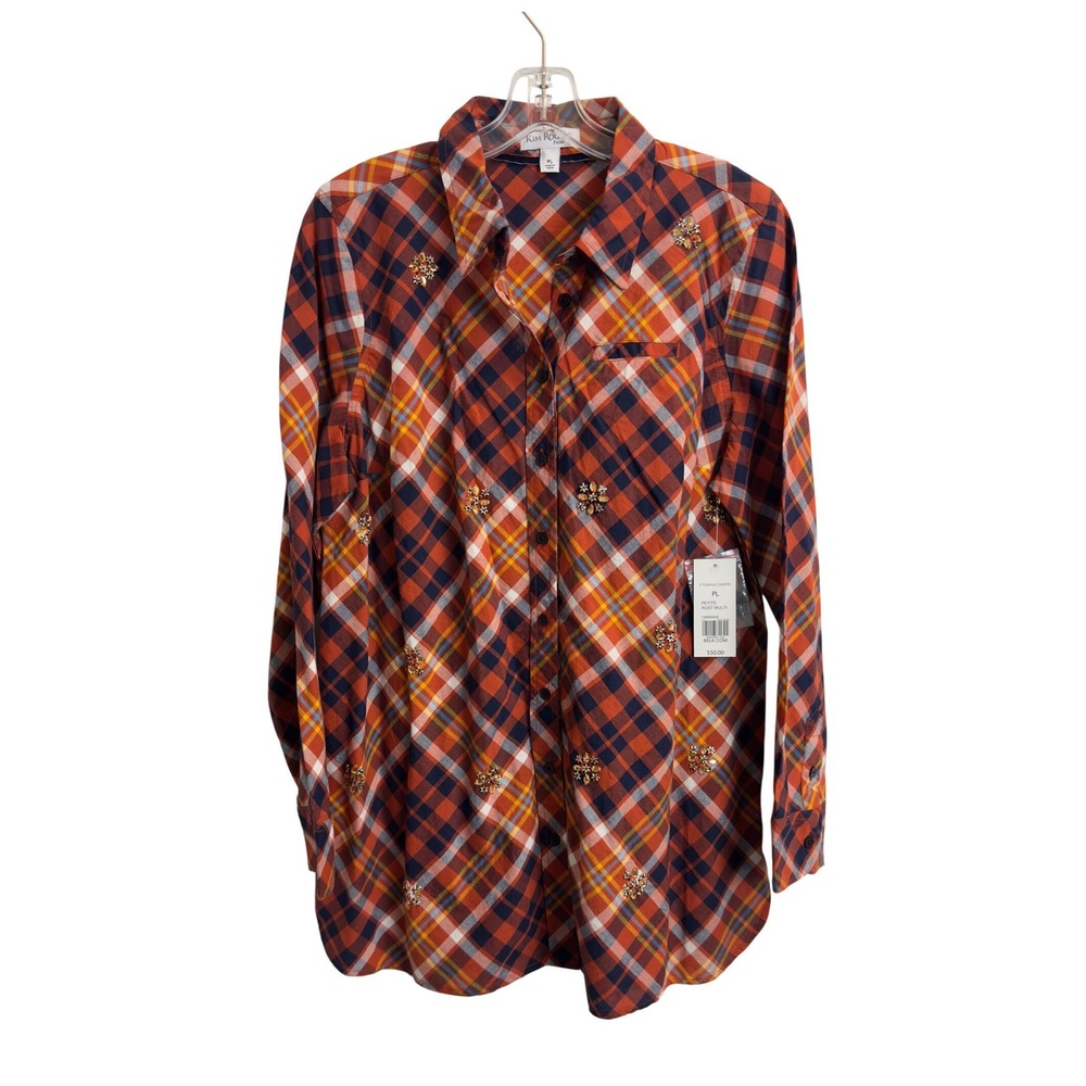 Kim Rogers Petite PL Rust Plaid Rhinestone Embellished Button Down Shirt NWT
